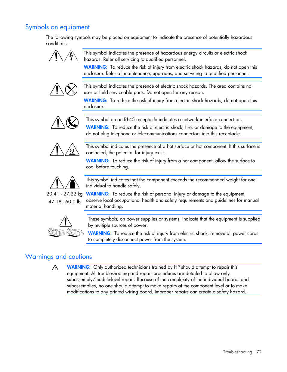 Symbols on equipment, Warnings and cautions | HP ProLiant DL385 G5 Server User Manual | Page 72 / 112