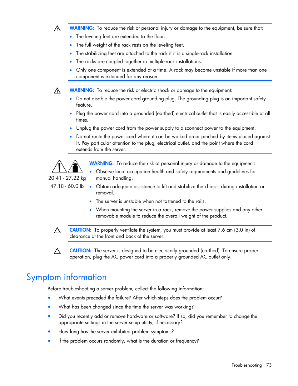 Symptom information | HP ProLiant DL385 G5 Server User Manual | Page 73 / 112