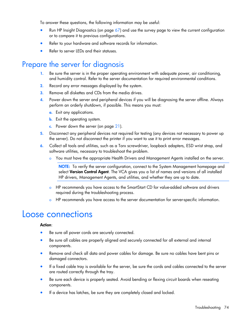 Prepare the server for diagnosis, Loose connections | HP ProLiant DL385 G5 Server User Manual | Page 74 / 112