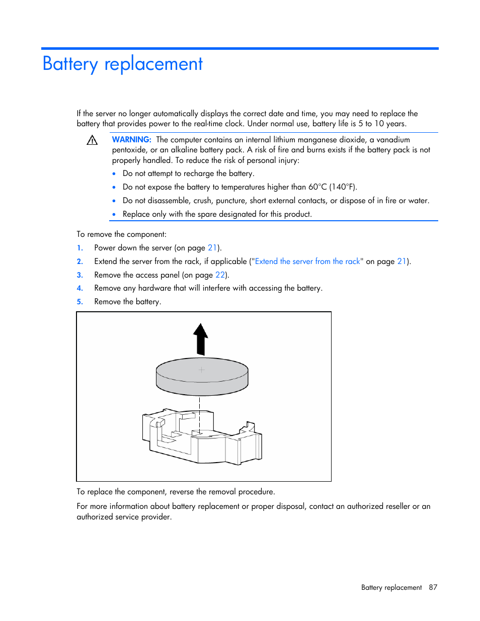 Battery replacement | HP ProLiant DL385 G5 Server User Manual | Page 87 / 112