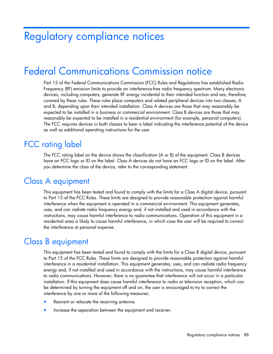 Regulatory compliance notices, Federal communications commission notice, Fcc rating label | Class a equipment, Class b equipment | HP ProLiant DL385 G5 Server User Manual | Page 88 / 112