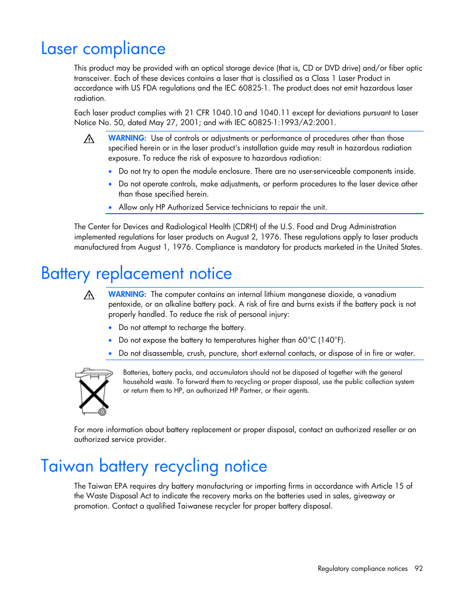 Laser compliance, Battery replacement notice, Taiwan battery recycling notice | HP ProLiant DL385 G5 Server User Manual | Page 92 / 112