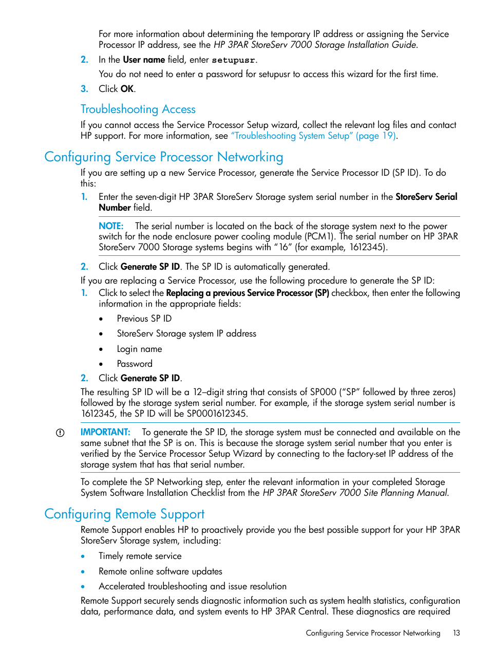 Configuring service processor networking, Configuring remote support, Troubleshooting access | HP 3PAR InForm Operating System Software User Manual | Page 13 / 61