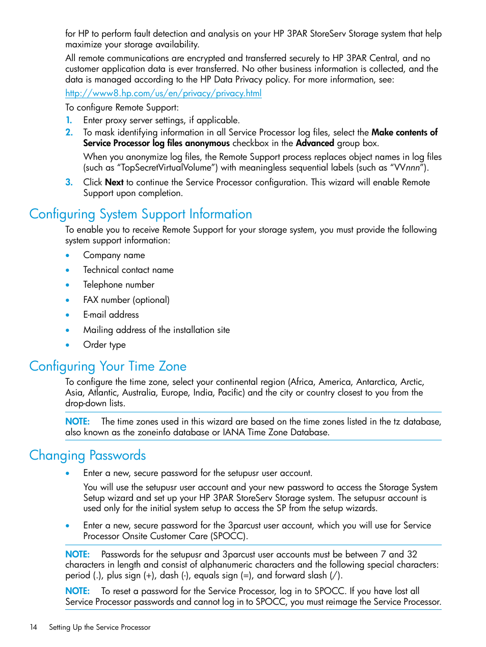 Configuring system support information, Configuring your time zone, Changing passwords | HP 3PAR InForm Operating System Software User Manual | Page 14 / 61