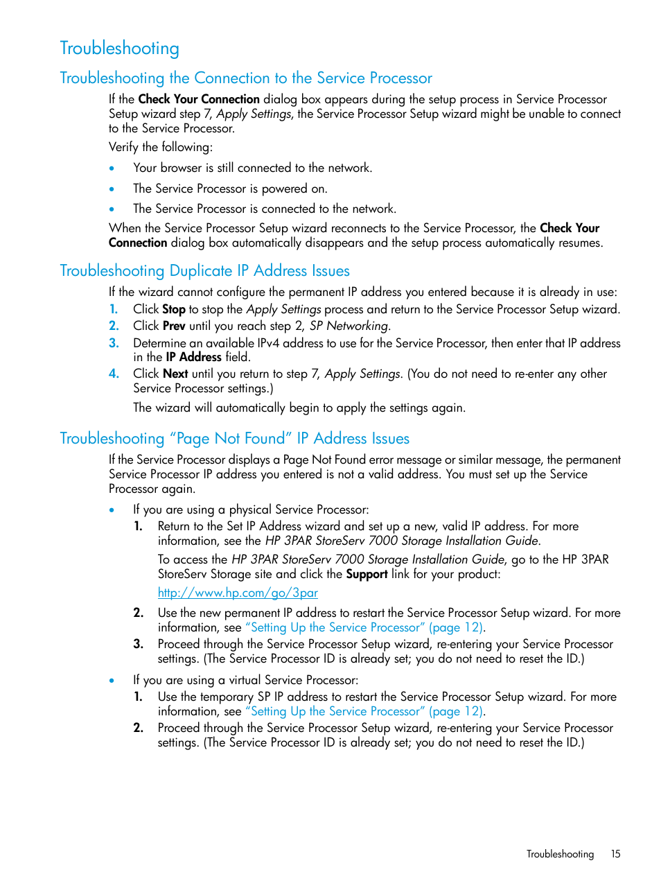 Troubleshooting, Troubleshooting duplicate ip address issues, Troubleshooting “page not found” ip address issues | HP 3PAR InForm Operating System Software User Manual | Page 15 / 61