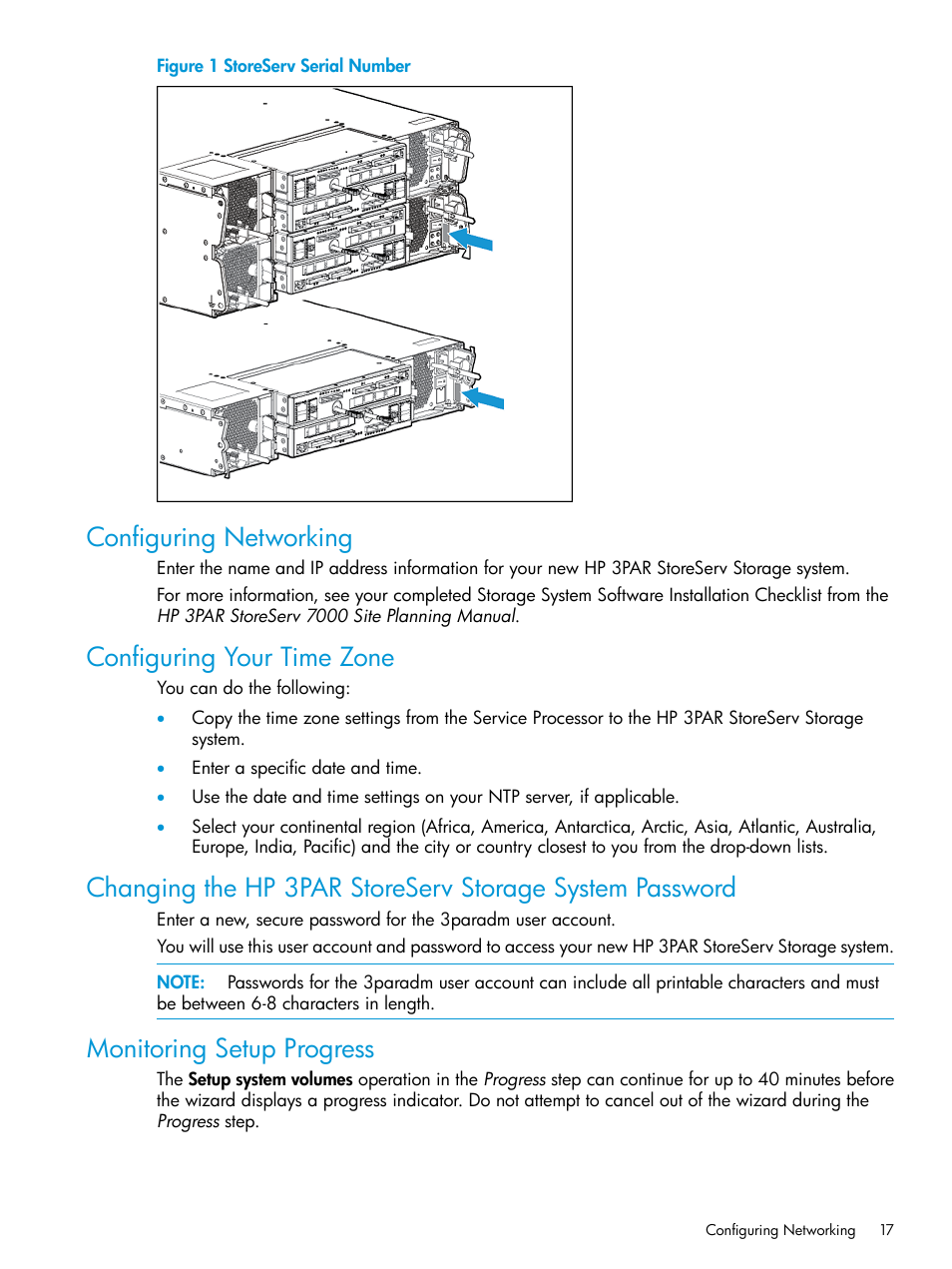 Configuring networking, Configuring your time zone, Monitoring setup progress | HP 3PAR InForm Operating System Software User Manual | Page 17 / 61