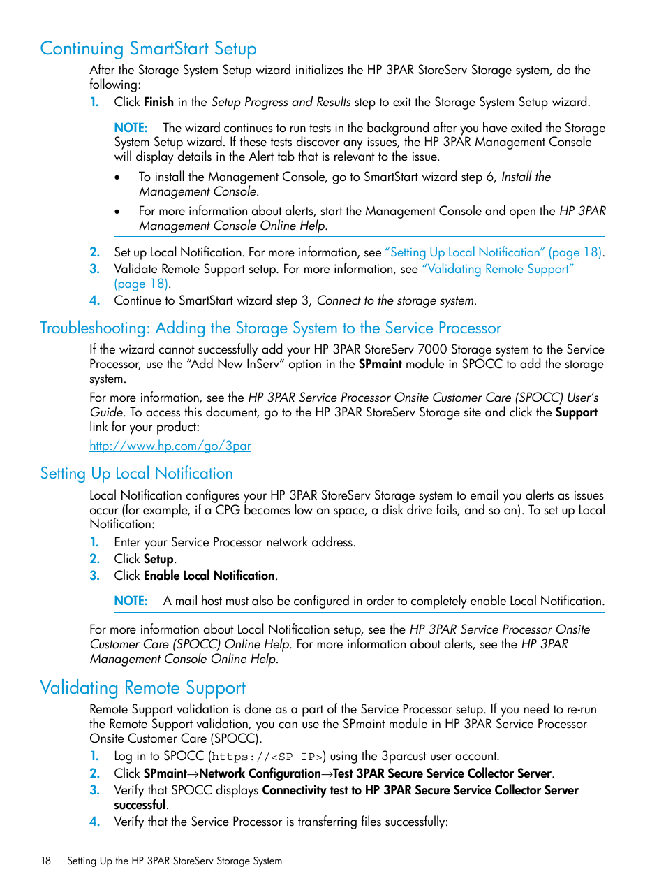 Continuing smartstart setup, Setting up local notification, Validating remote support | HP 3PAR InForm Operating System Software User Manual | Page 18 / 61