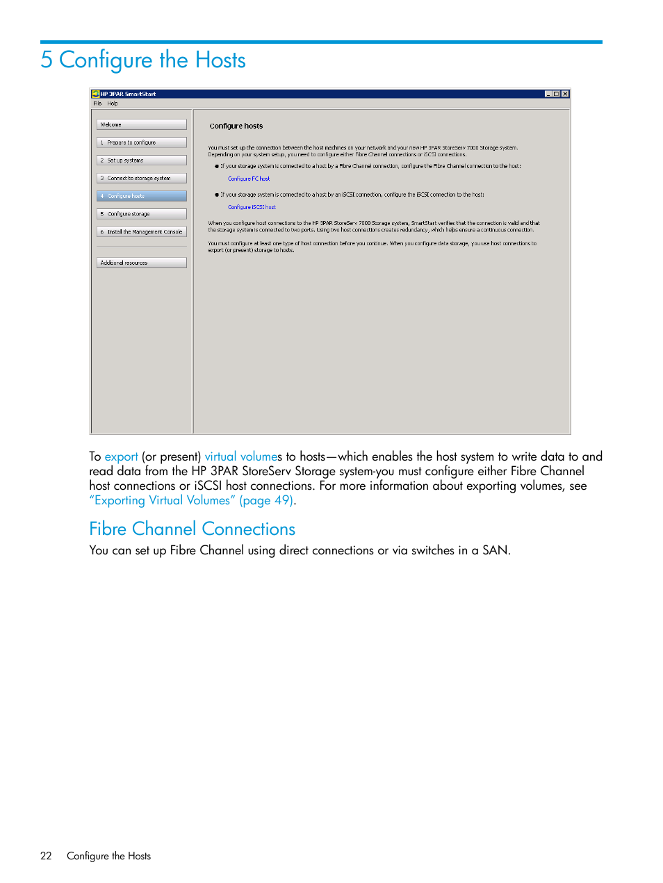 5 configure the hosts, Fibre channel connections | HP 3PAR InForm Operating System Software User Manual | Page 22 / 61