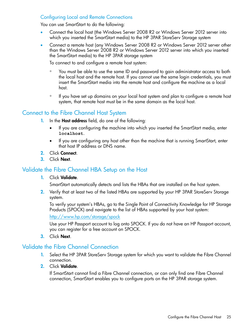 Connect to the fibre channel host system, Validate the fibre channel hba setup on the host, Validate the fibre channel connection | HP 3PAR InForm Operating System Software User Manual | Page 25 / 61