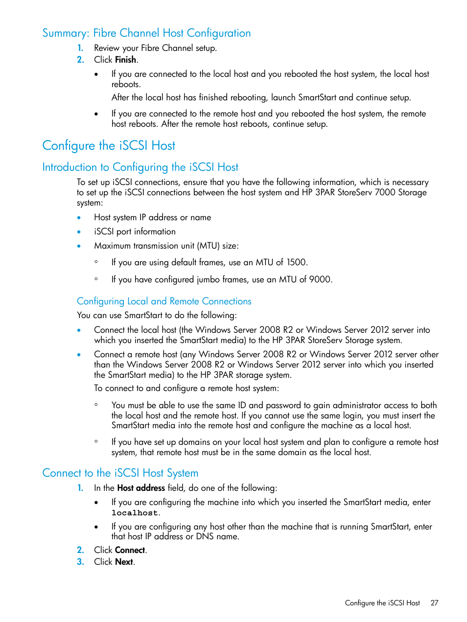Summary: fibre channel host configuration, Configure the iscsi host, Introduction to configuring the iscsi host | Connect to the iscsi host system | HP 3PAR InForm Operating System Software User Manual | Page 27 / 61