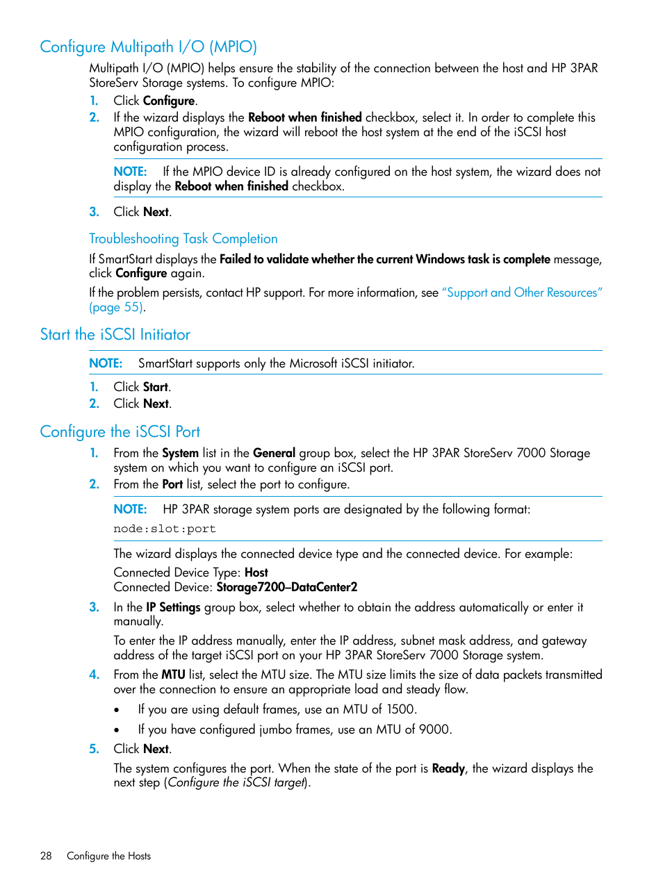 Configure multipath i/o (mpio), Start the iscsi initiator, Configure the iscsi port | HP 3PAR InForm Operating System Software User Manual | Page 28 / 61