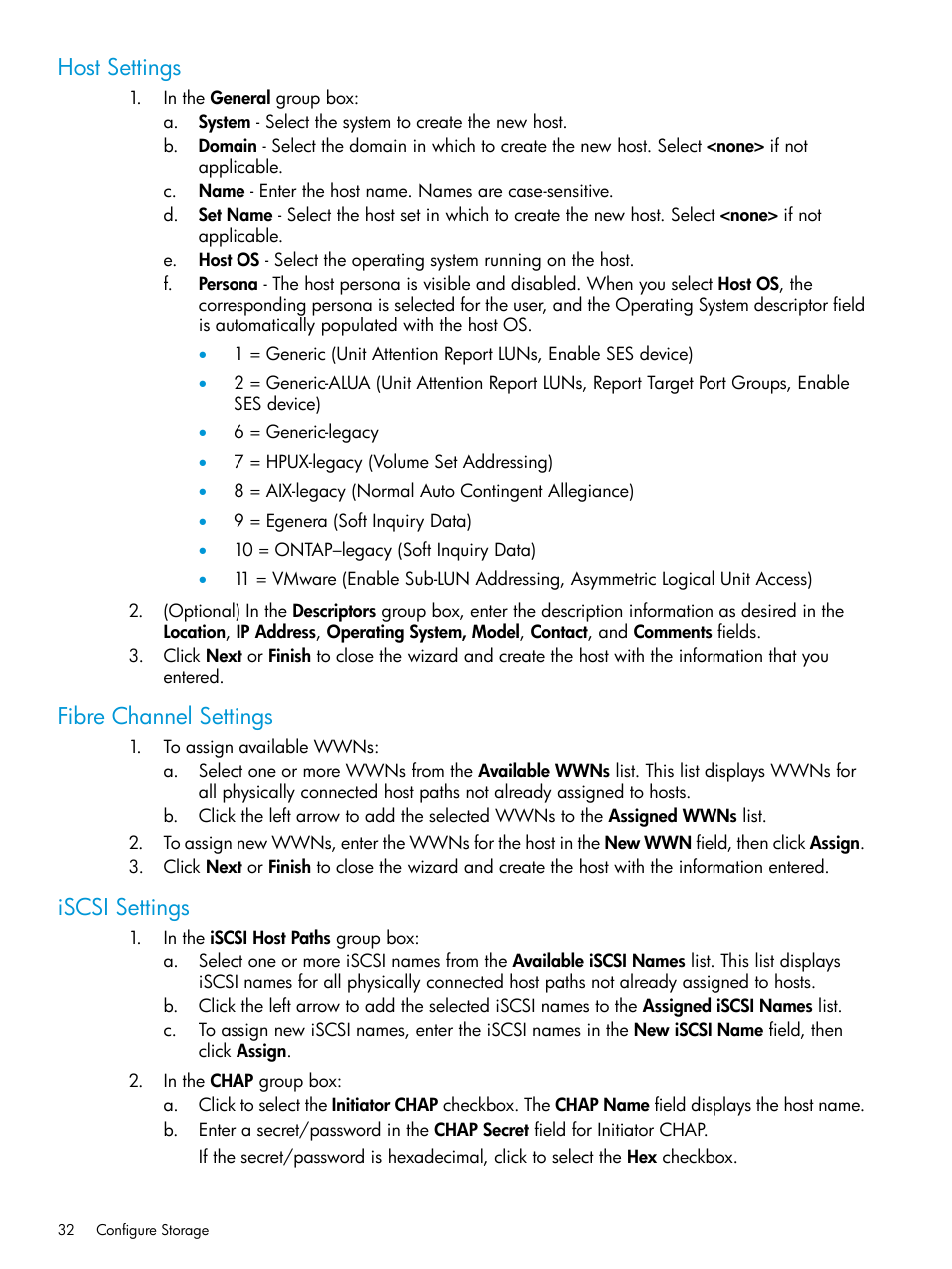 Host settings, Fibre channel settings, Iscsi settings | HP 3PAR InForm Operating System Software User Manual | Page 32 / 61