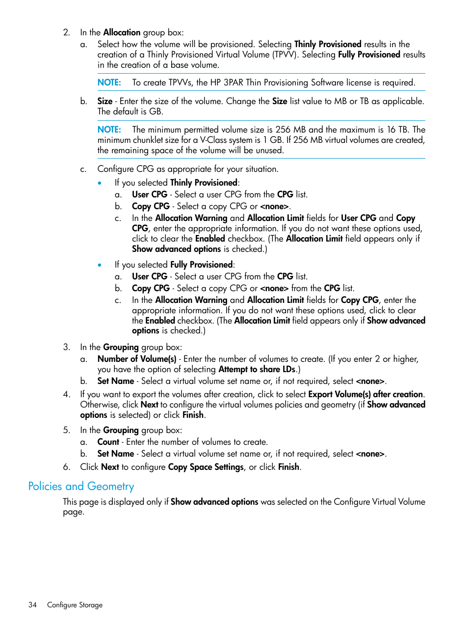 Policies and geometry | HP 3PAR InForm Operating System Software User Manual | Page 34 / 61