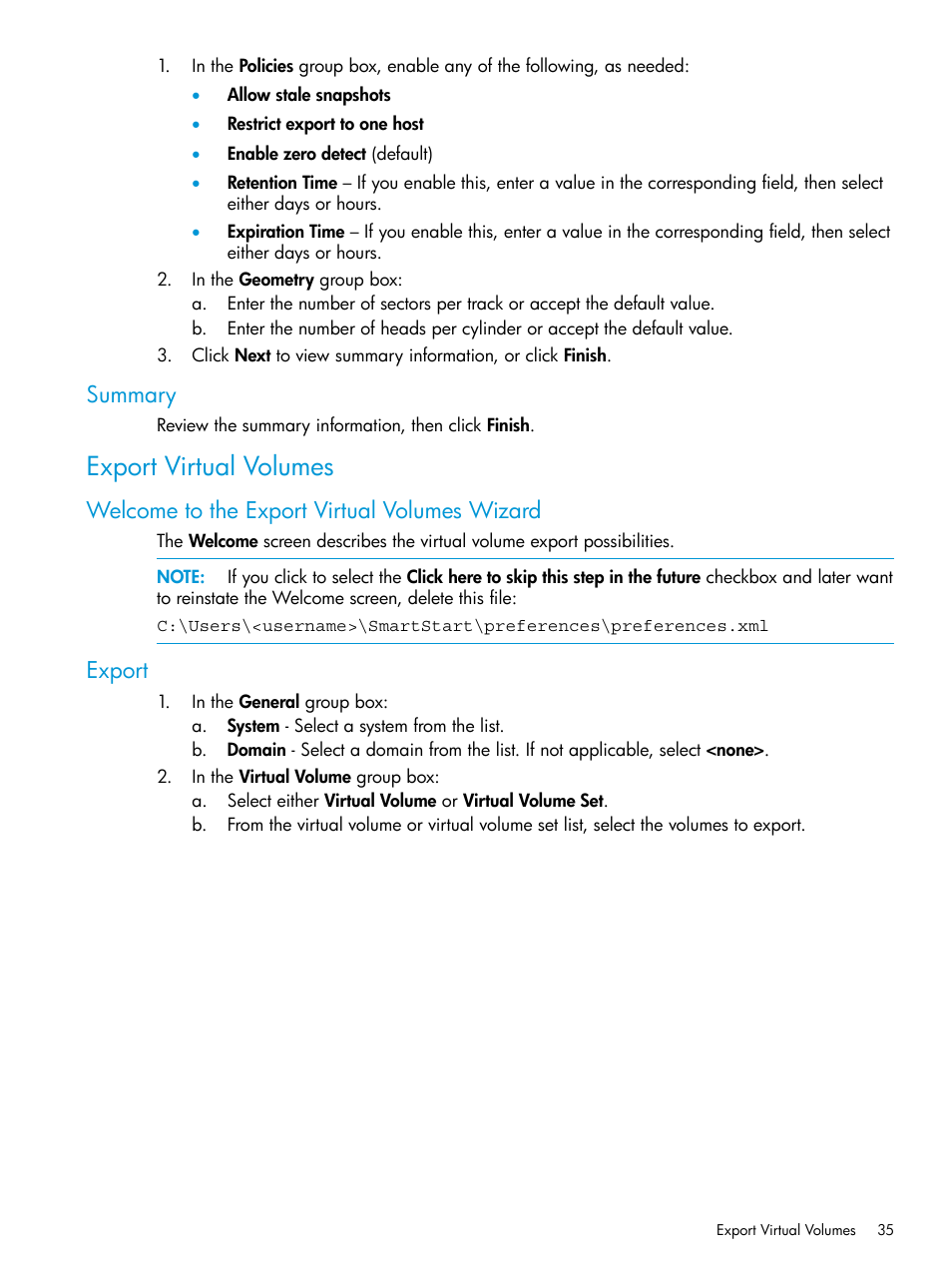 Summary, Export virtual volumes, Welcome to the export virtual volumes wizard | Export | HP 3PAR InForm Operating System Software User Manual | Page 35 / 61