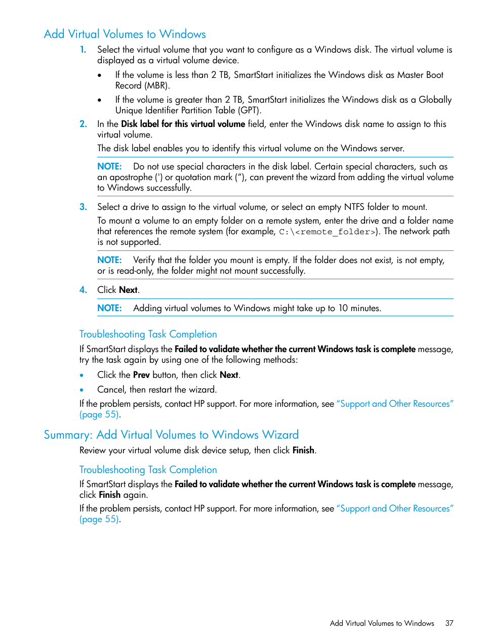 Add virtual volumes to windows, Summary: add virtual volumes to windows wizard | HP 3PAR InForm Operating System Software User Manual | Page 37 / 61