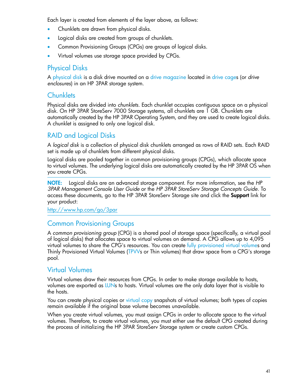 Physical disks, Chunklets, Raid and logical disks | Common provisioning groups, Virtual volumes | HP 3PAR InForm Operating System Software User Manual | Page 41 / 61