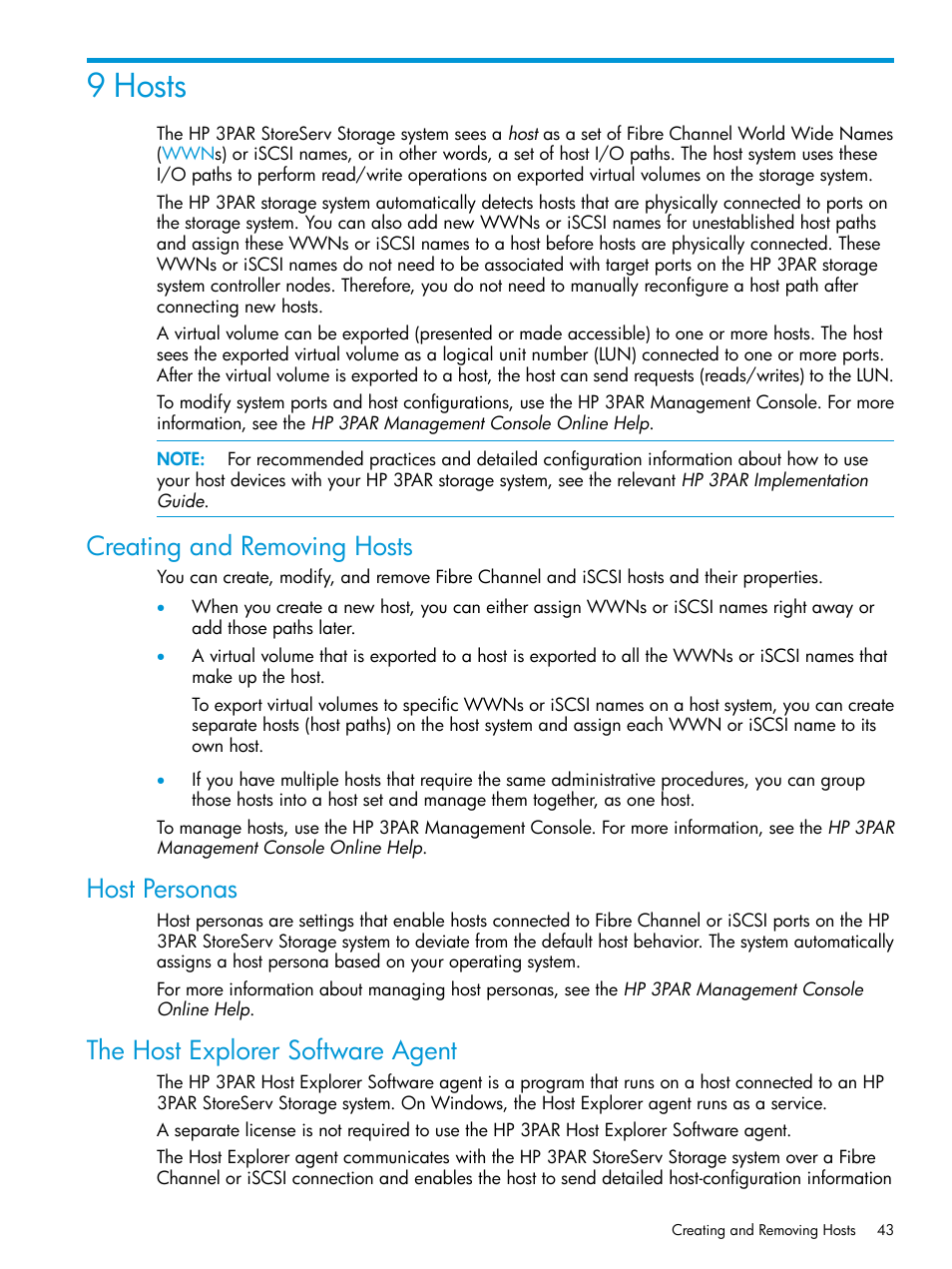 9 hosts, Creating and removing hosts, Host personas | The host explorer software agent | HP 3PAR InForm Operating System Software User Manual | Page 43 / 61