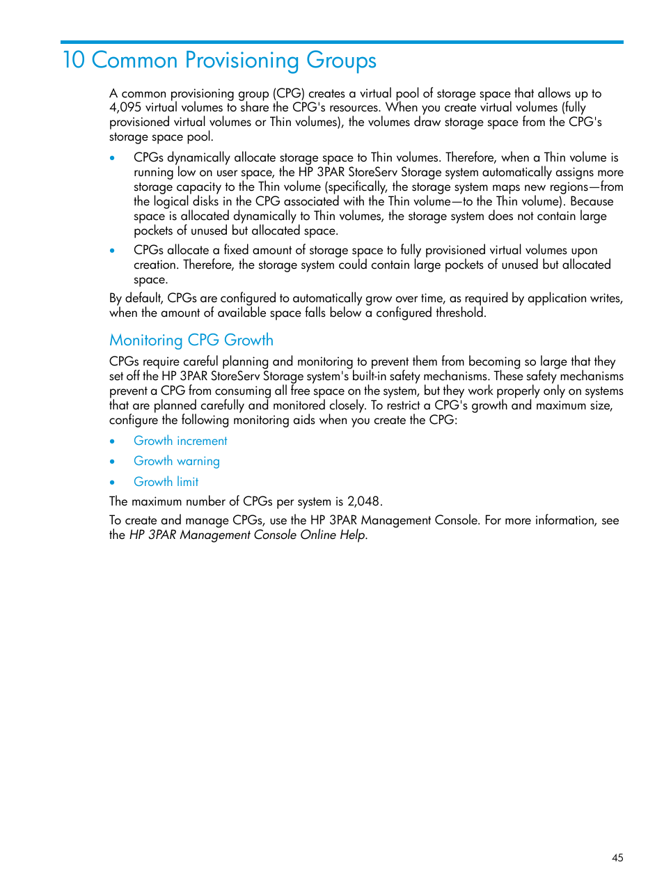 10 common provisioning groups, Monitoring cpg growth | HP 3PAR InForm Operating System Software User Manual | Page 45 / 61