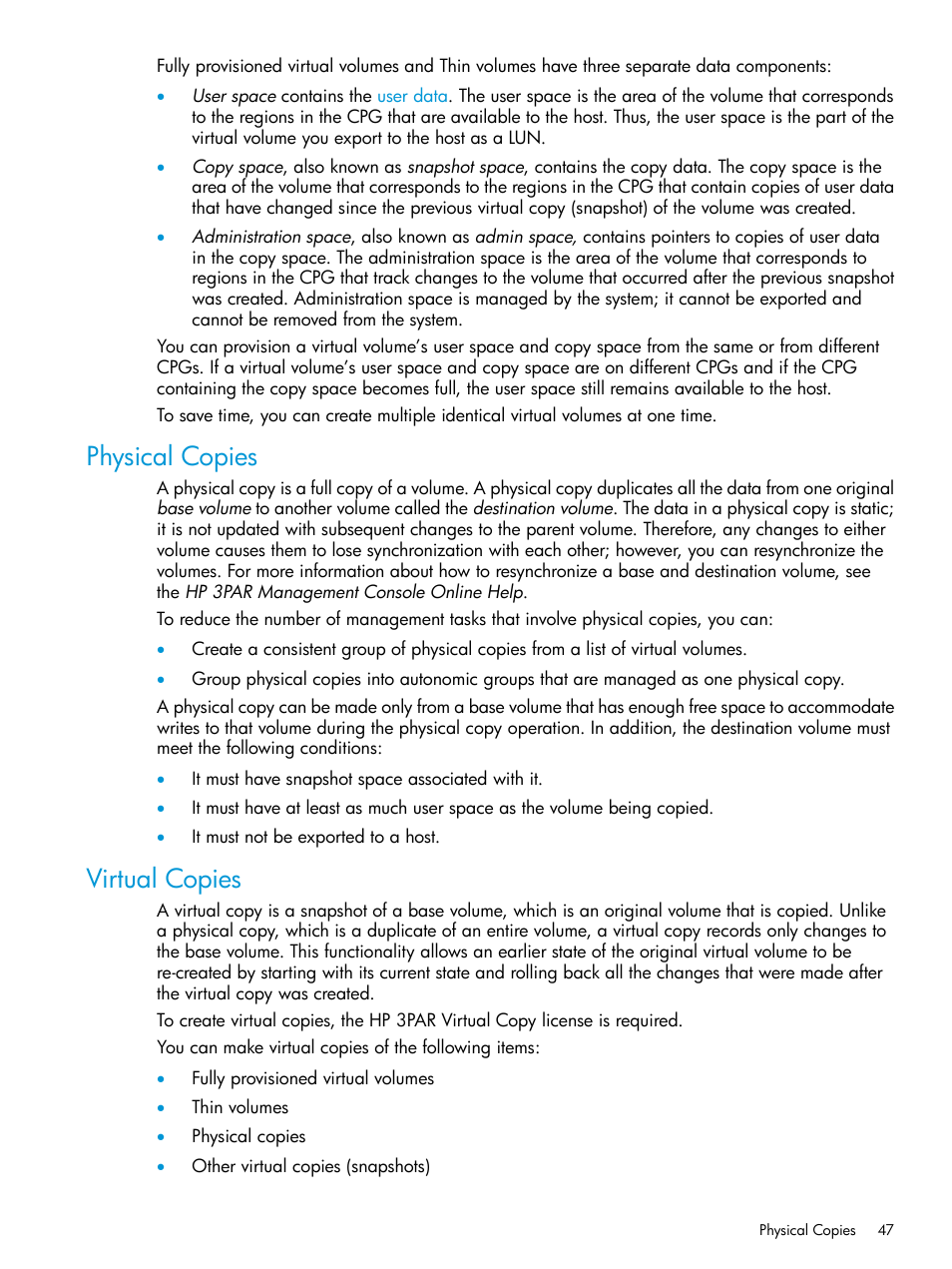 Physical copies, Virtual copies, Physical copies virtual copies | HP 3PAR InForm Operating System Software User Manual | Page 47 / 61