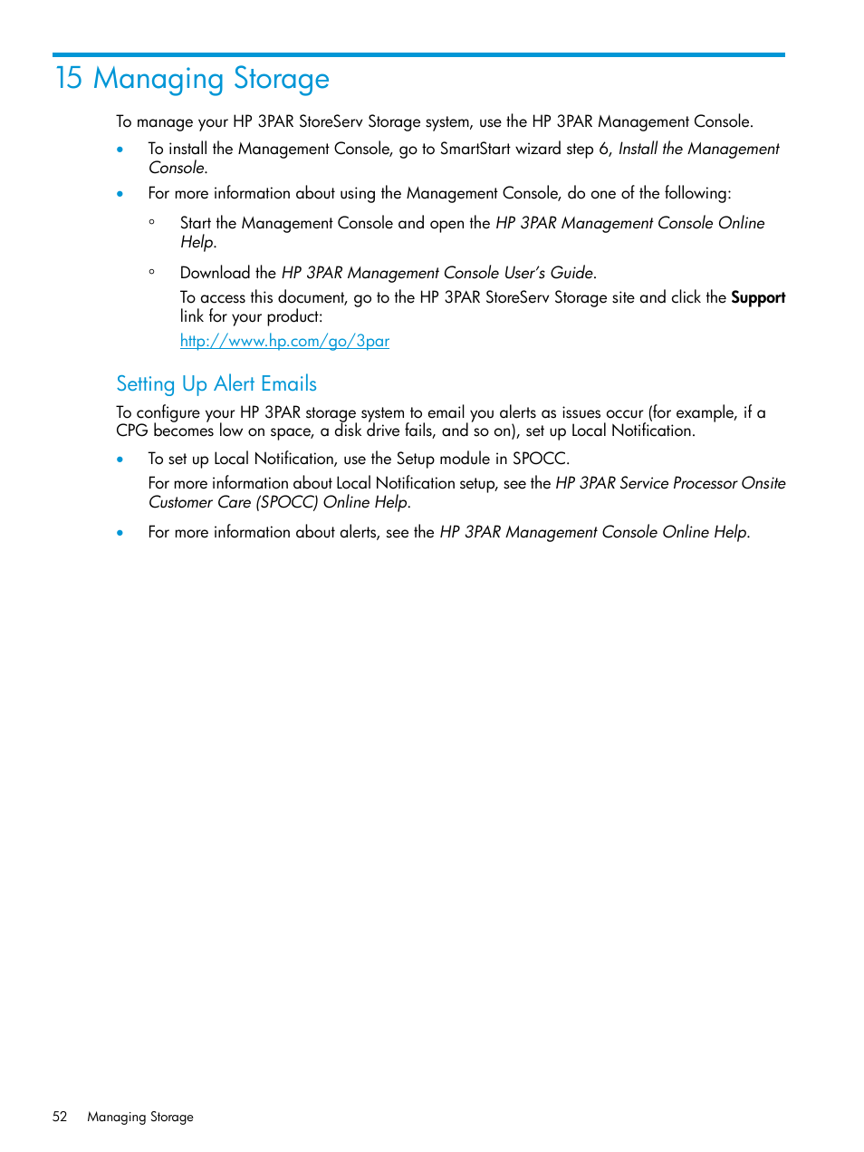 15 managing storage, Setting up alert emails | HP 3PAR InForm Operating System Software User Manual | Page 52 / 61