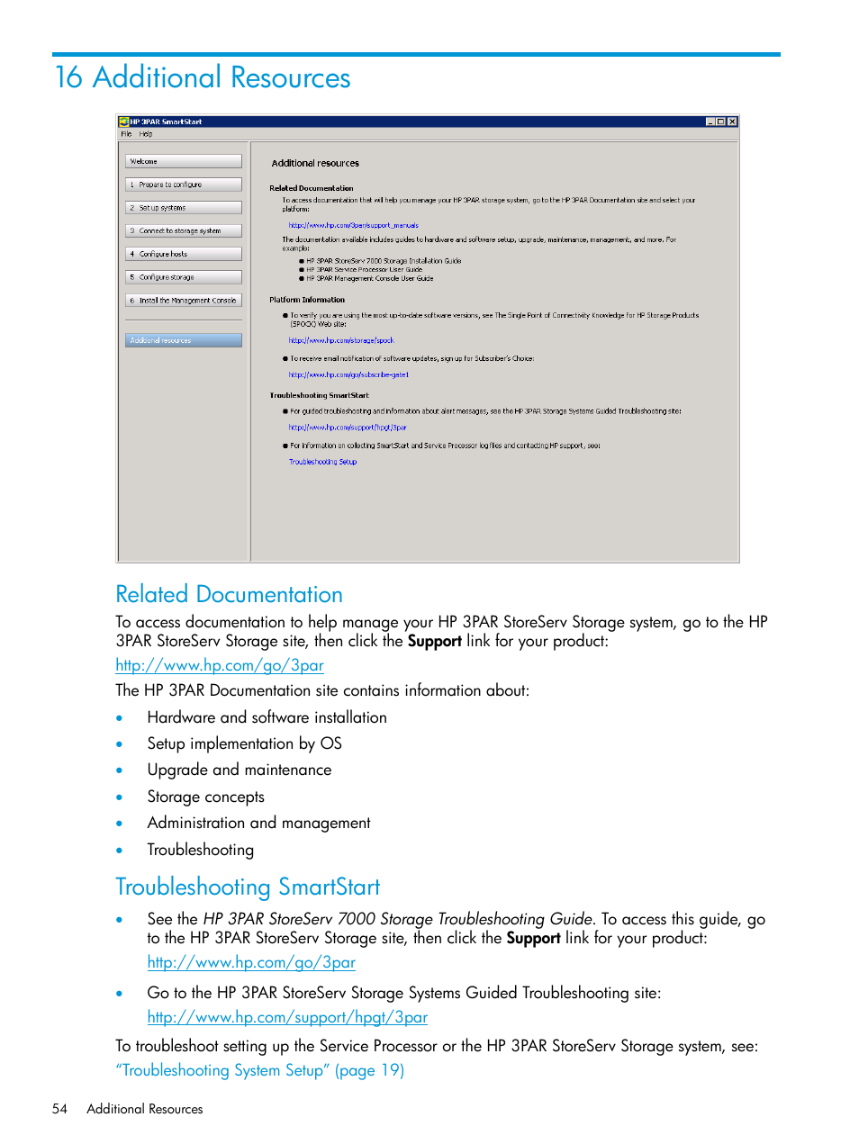 16 additional resources, Related documentation, Troubleshooting smartstart | HP 3PAR InForm Operating System Software User Manual | Page 54 / 61