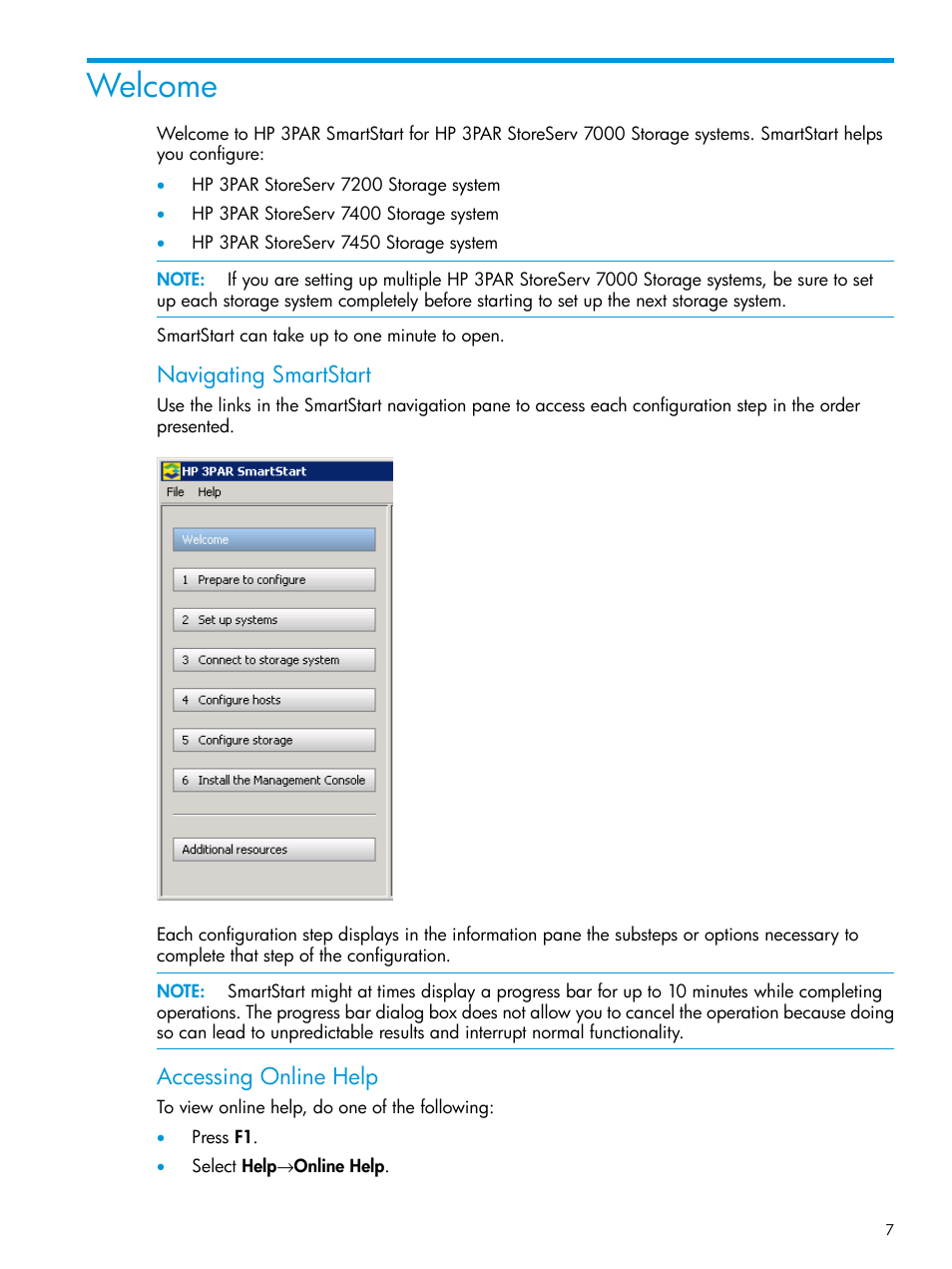 Welcome, Navigating smartstart, Accessing online help | HP 3PAR InForm Operating System Software User Manual | Page 7 / 61