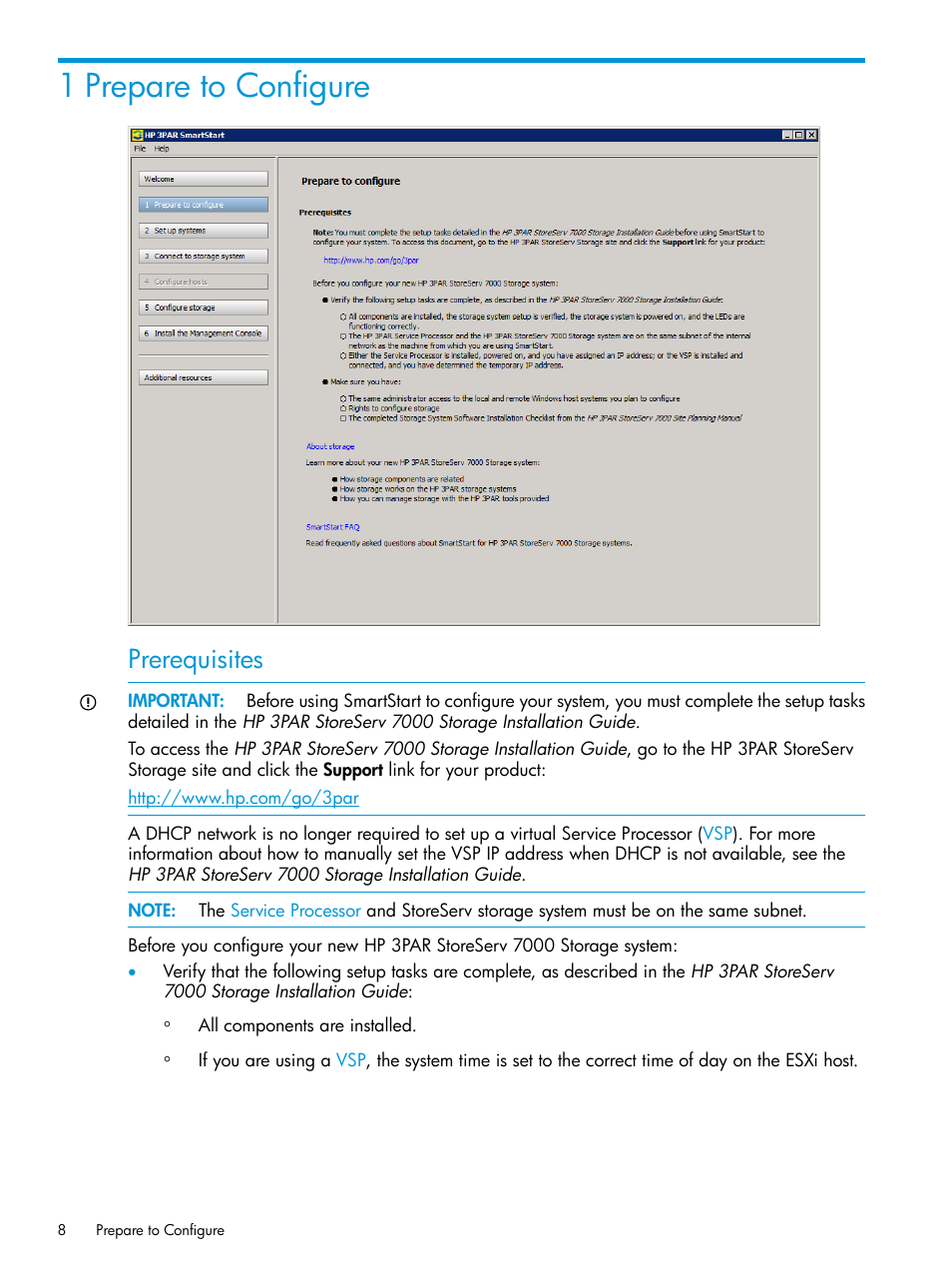 1 prepare to configure, Prerequisites | HP 3PAR InForm Operating System Software User Manual | Page 8 / 61