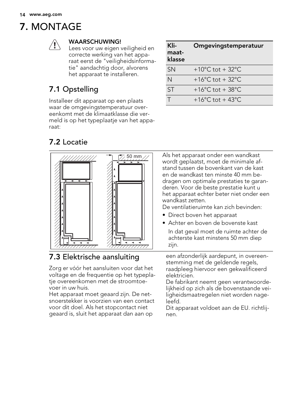 Montage, 1 opstelling, 2 locatie | 3 elektrische aansluiting | AEG A93108GNW0 User Manual | Page 14 / 76