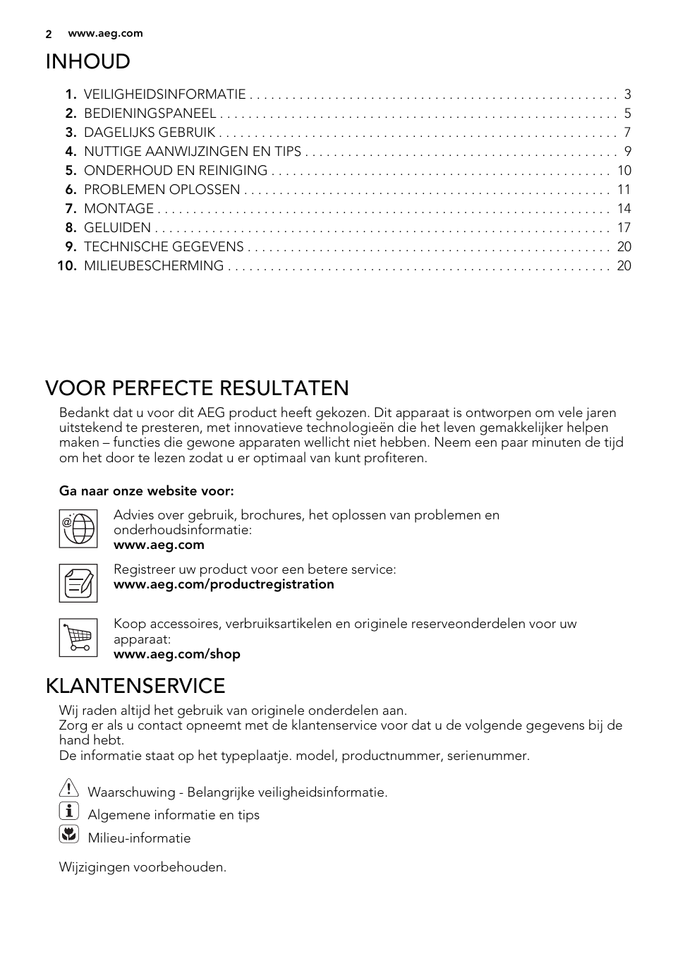 Inhoud, Voor perfecte resultaten, Klantenservice | AEG A93108GNW0 User Manual | Page 2 / 76