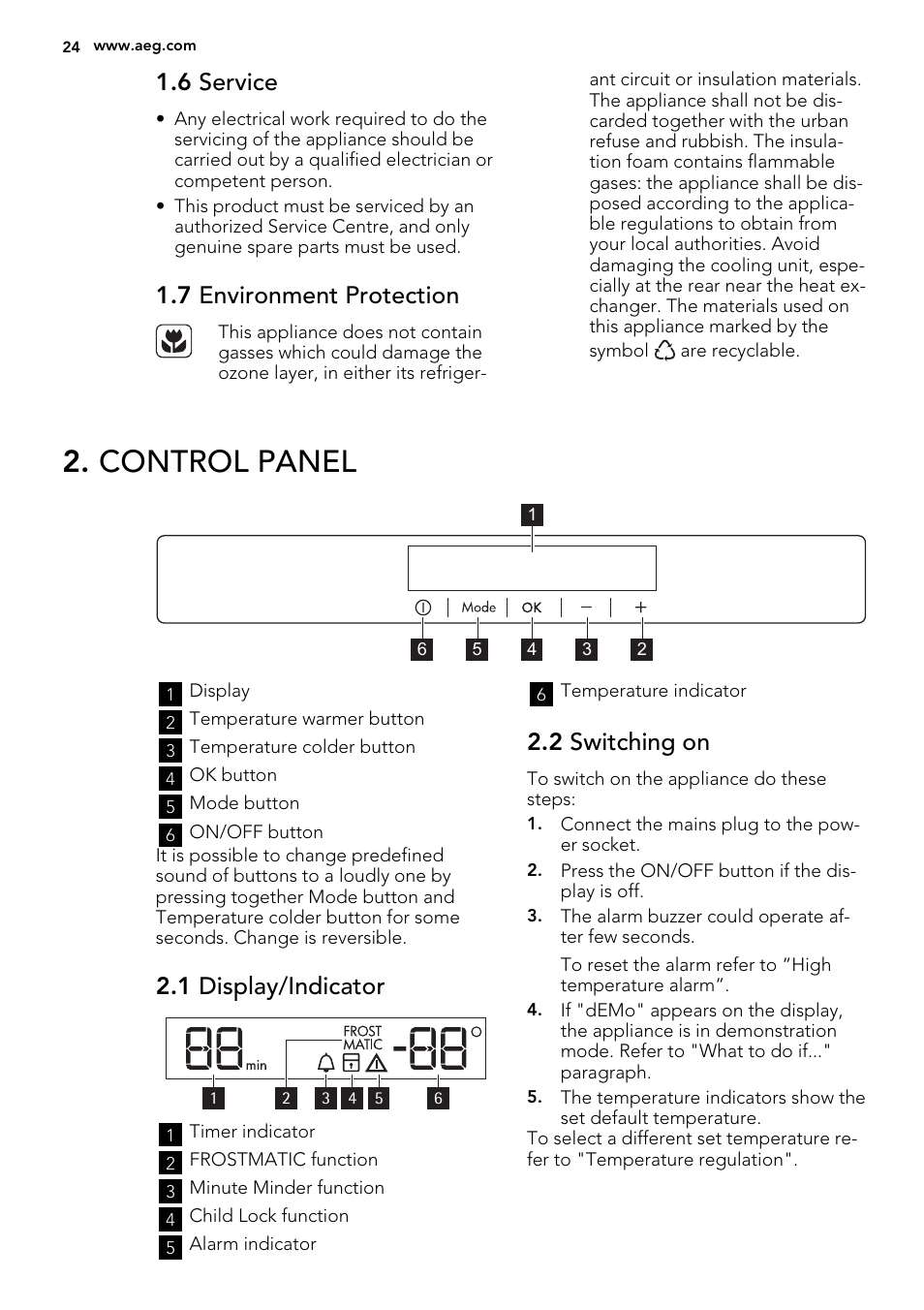 Control panel, 6 service, 7 environment protection | 1 display/indicator, 2 switching on | AEG A93108GNW0 User Manual | Page 24 / 76
