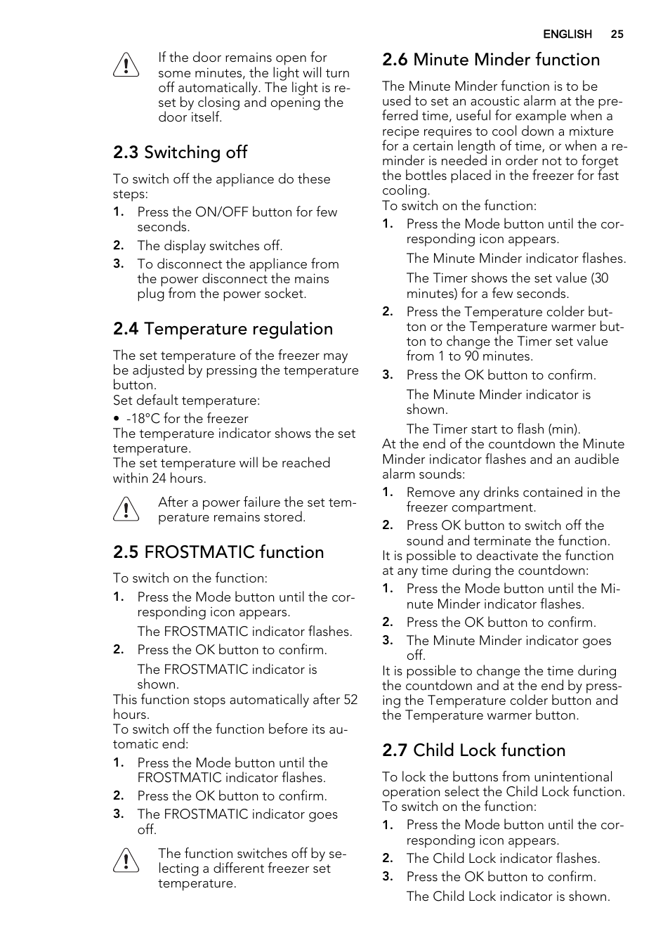 3 switching off, 4 temperature regulation, 5 frostmatic function | 6 minute minder function, 7 child lock function | AEG A93108GNW0 User Manual | Page 25 / 76