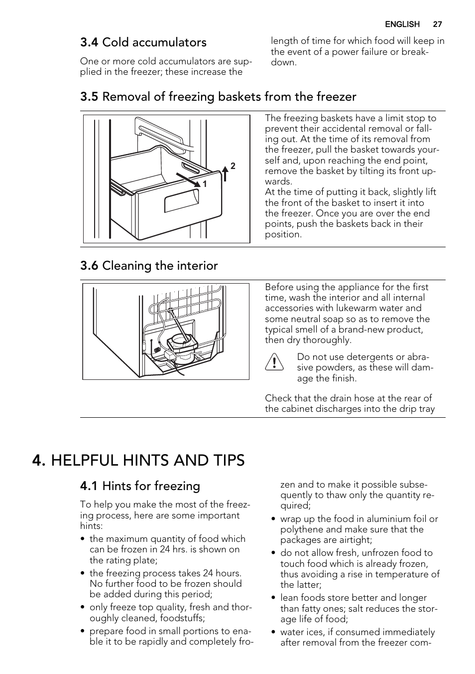 Helpful hints and tips, 4 cold accumulators, 5 removal of freezing baskets from the freezer | 6 cleaning the interior, 1 hints for freezing | AEG A93108GNW0 User Manual | Page 27 / 76