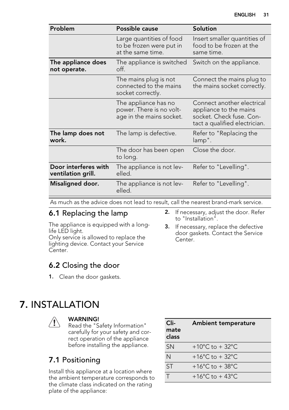 Installation, 1 replacing the lamp, 2 closing the door | 1 positioning | AEG A93108GNW0 User Manual | Page 31 / 76