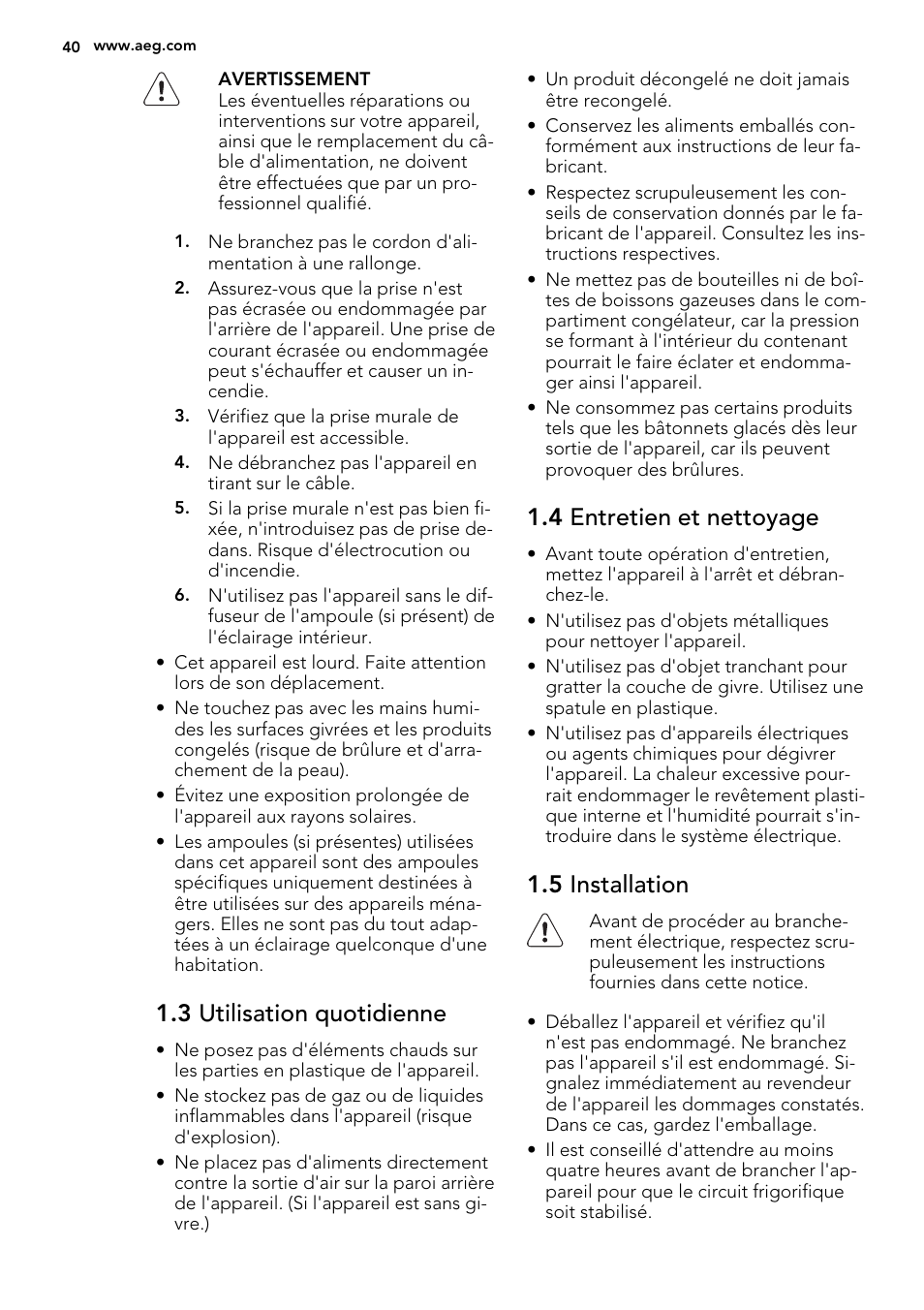 3 utilisation quotidienne, 4 entretien et nettoyage, 5 installation | AEG A93108GNW0 User Manual | Page 40 / 76