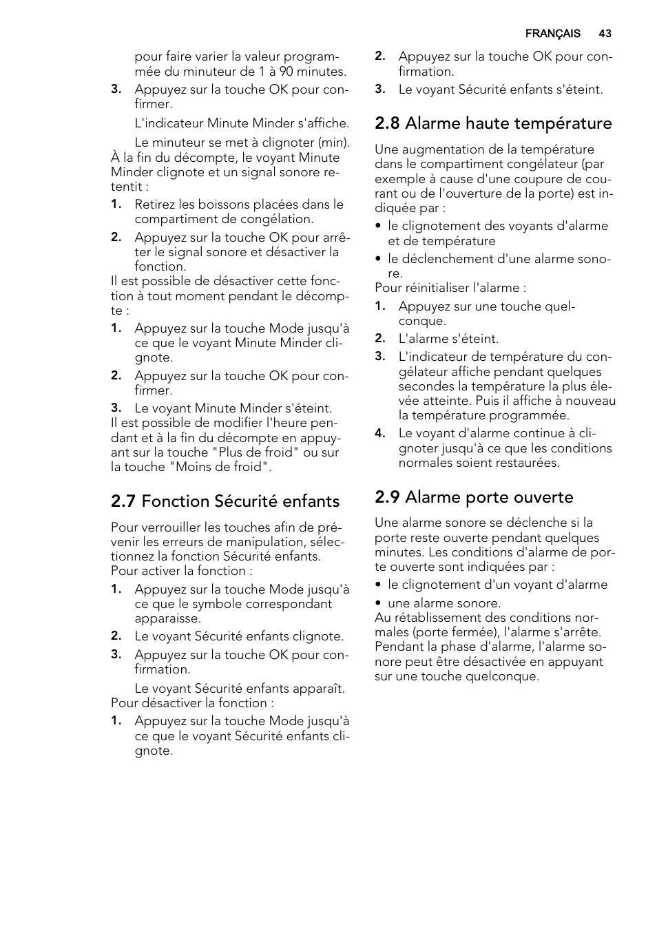 7 fonction sécurité enfants, 8 alarme haute température, 9 alarme porte ouverte | AEG A93108GNW0 User Manual | Page 43 / 76