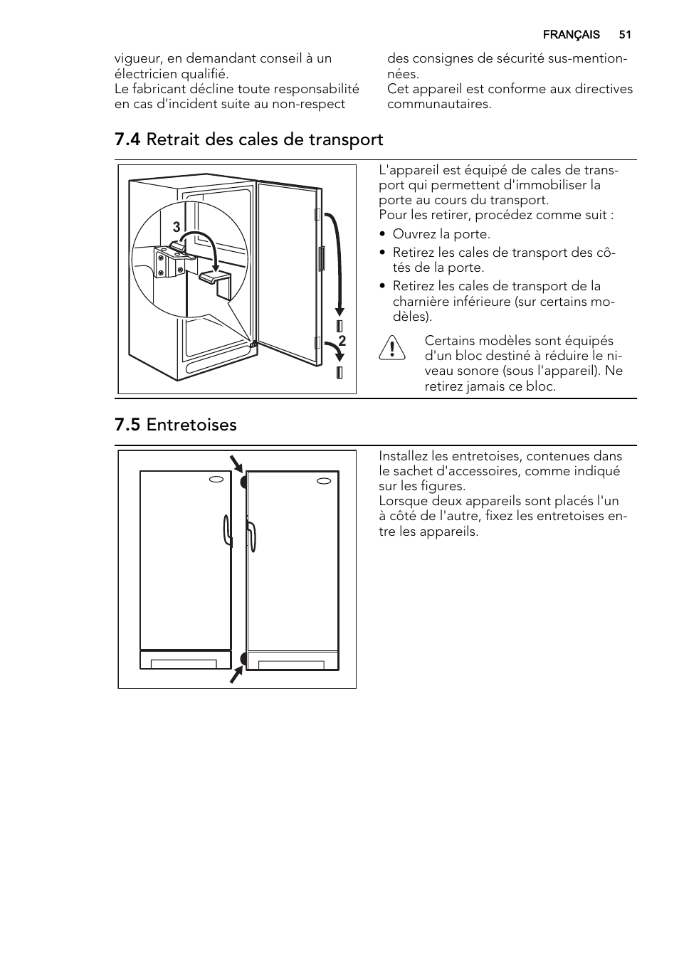 4 retrait des cales de transport, 5 entretoises | AEG A93108GNW0 User Manual | Page 51 / 76