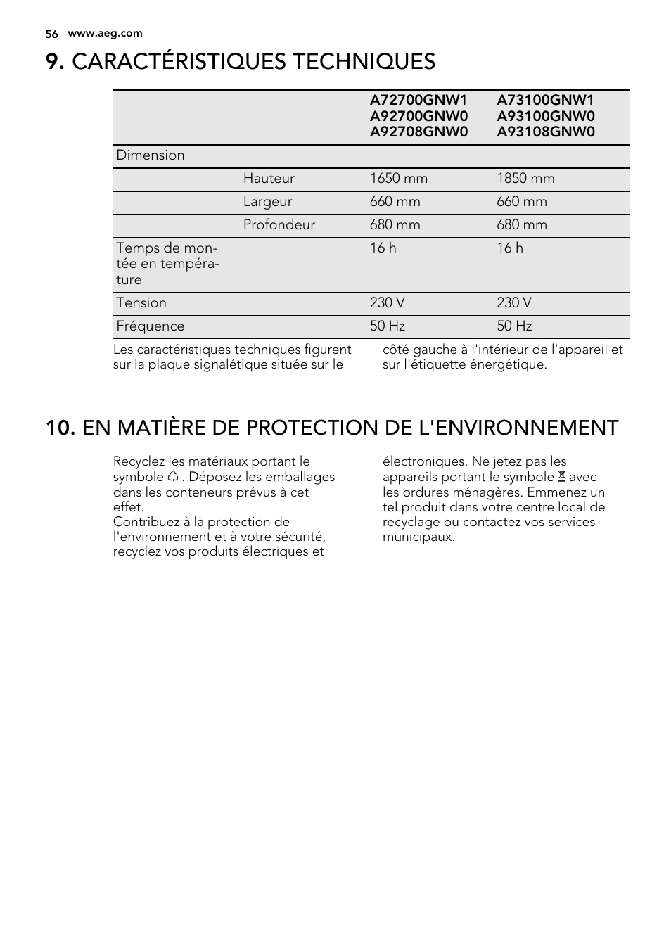 Caractéristiques techniques, En matière de protection de l'environnement | AEG A93108GNW0 User Manual | Page 56 / 76