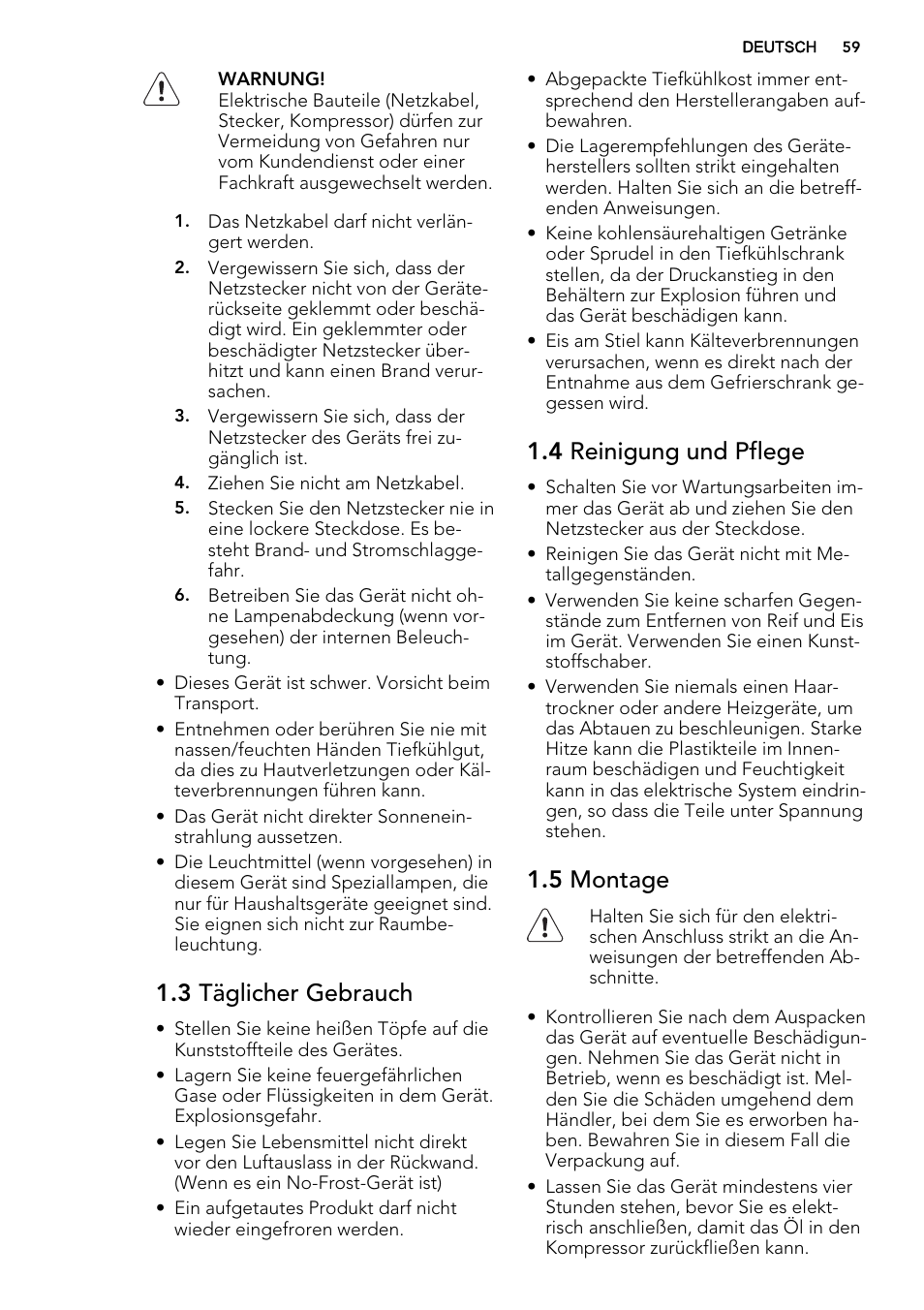 3 täglicher gebrauch, 4 reinigung und pflege, 5 montage | AEG A93108GNW0 User Manual | Page 59 / 76