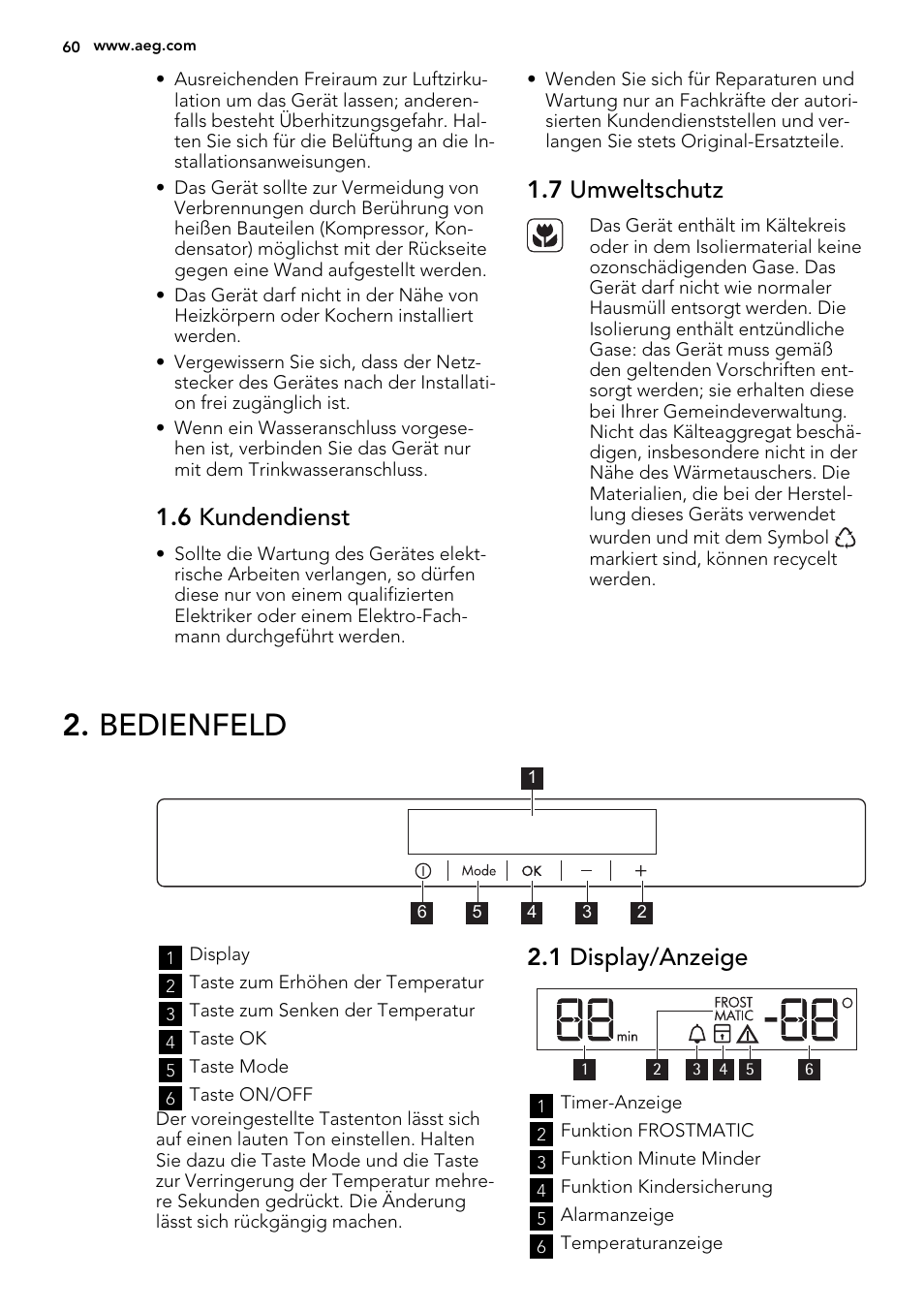Bedienfeld, 6 kundendienst, 7 umweltschutz | 1 display/anzeige | AEG A93108GNW0 User Manual | Page 60 / 76
