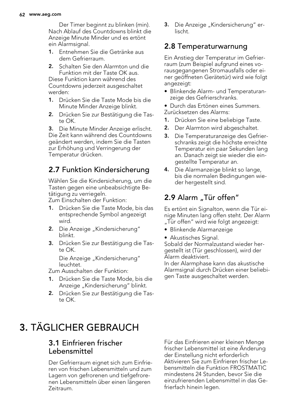 Täglicher gebrauch, 7 funktion kindersicherung, 8 temperaturwarnung | 9 alarm „tür offen, 1 einfrieren frischer lebensmittel | AEG A93108GNW0 User Manual | Page 62 / 76