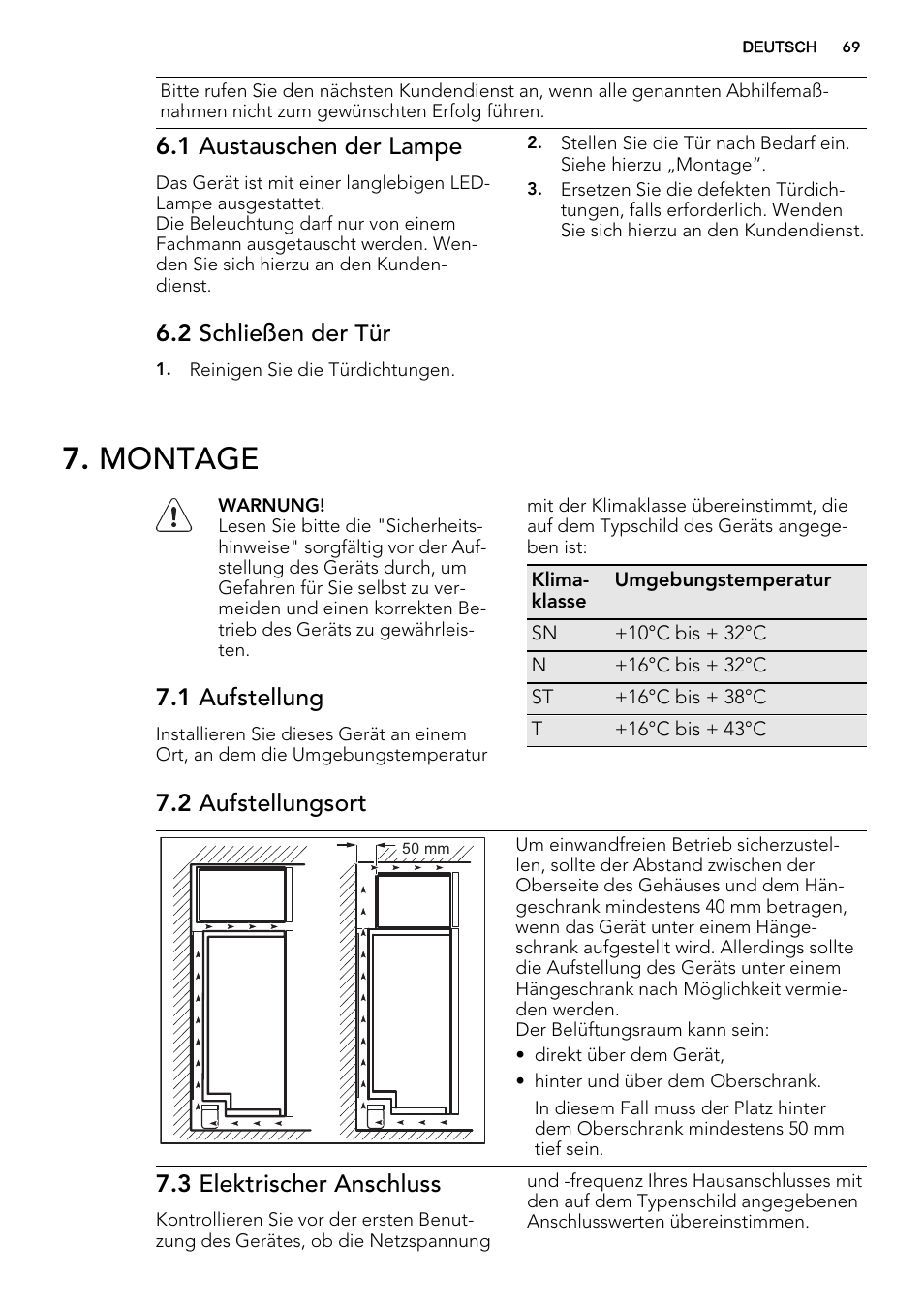 Montage, 1 austauschen der lampe, 2 schließen der tür | 1 aufstellung, 2 aufstellungsort, 3 elektrischer anschluss | AEG A93108GNW0 User Manual | Page 69 / 76