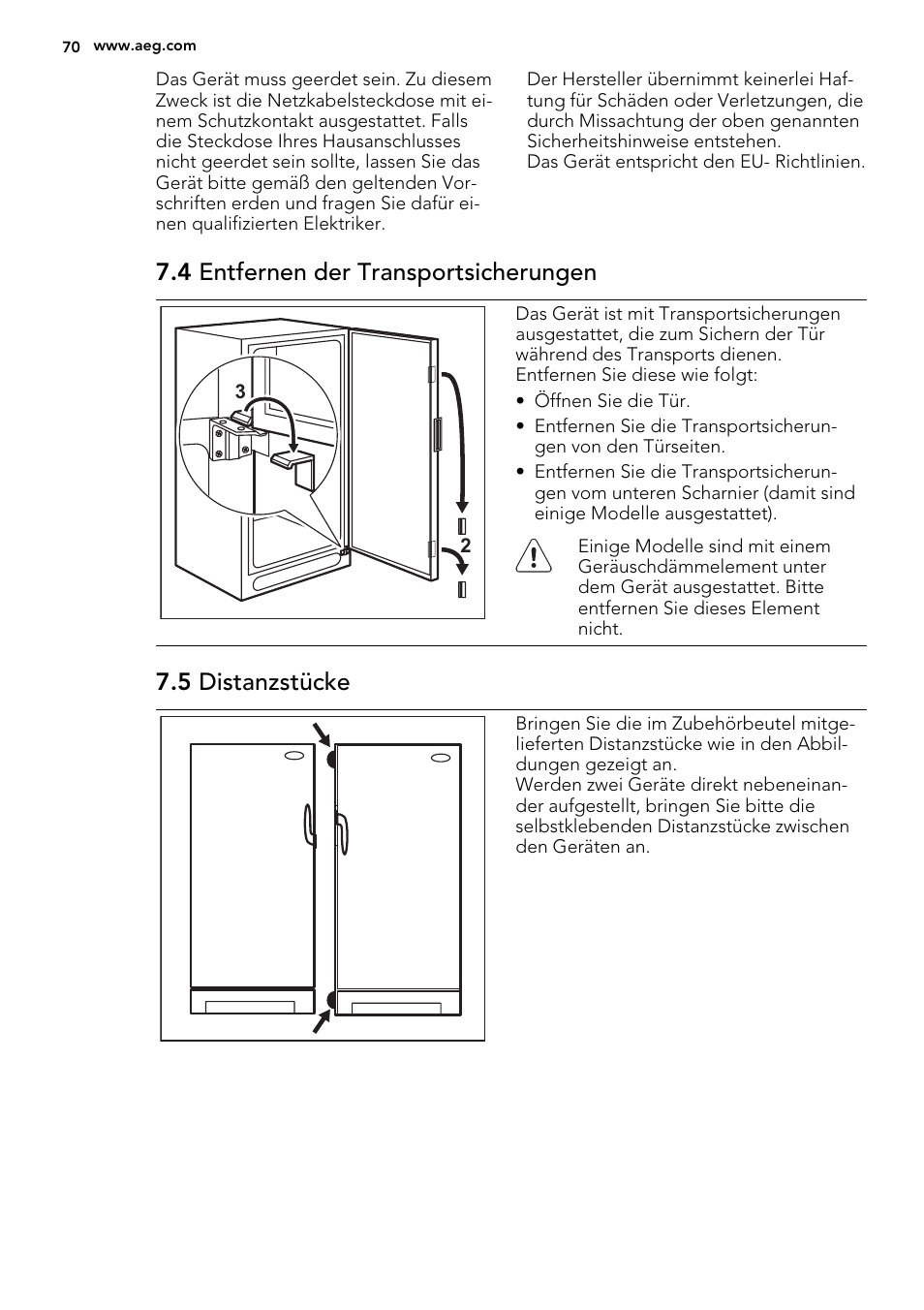 4 entfernen der transportsicherungen, 5 distanzstücke | AEG A93108GNW0 User Manual | Page 70 / 76