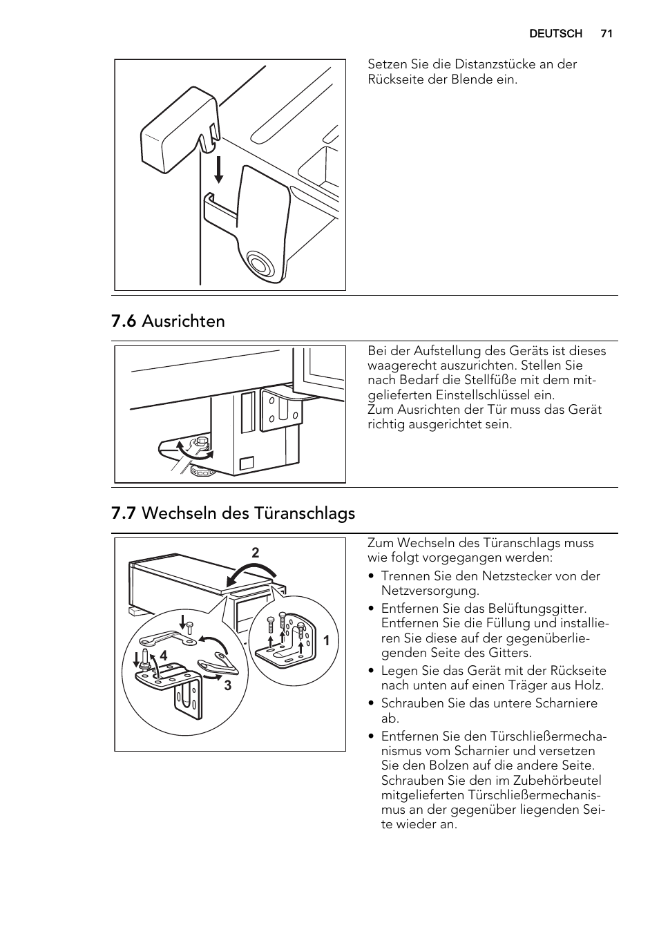 6 ausrichten, 7 wechseln des türanschlags | AEG A93108GNW0 User Manual | Page 71 / 76