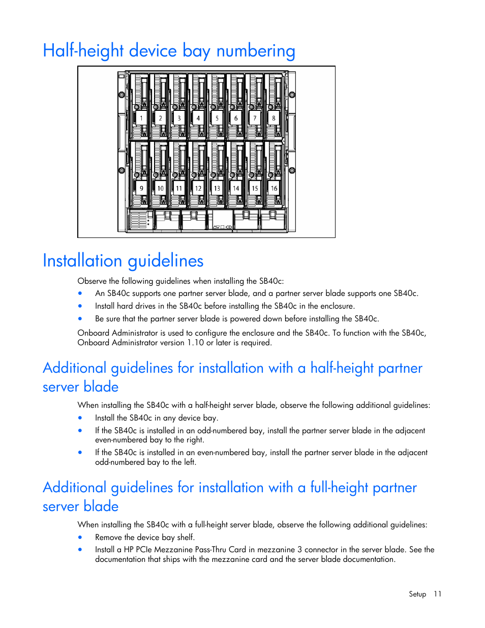 Half-height device bay numbering, Installation guidelines | HP SB40c-Storage-Blade User Manual | Page 11 / 42