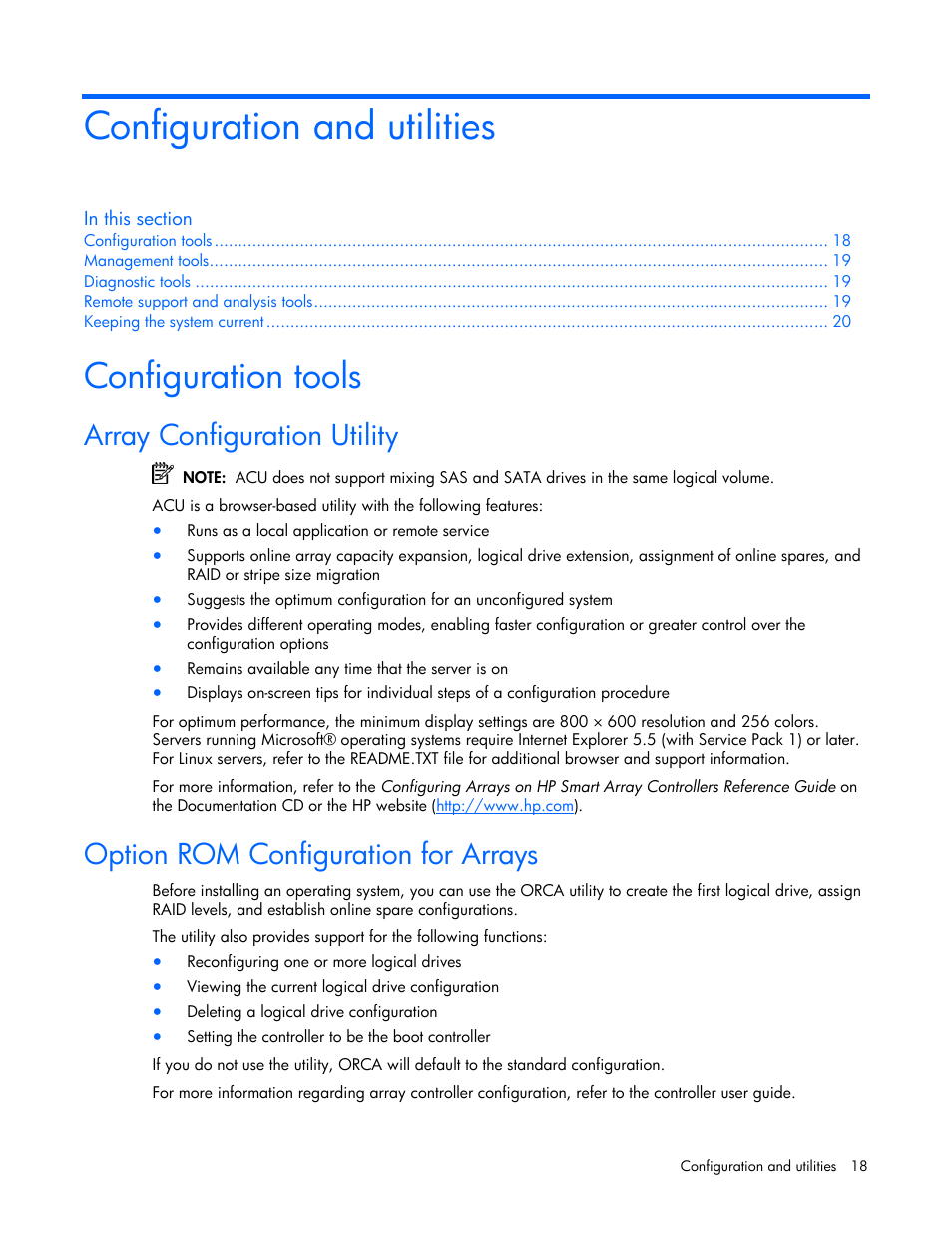 Configuration and utilities, Configuration tools, Array configuration utility | Option rom configuration for arrays, Ure the sb40c | HP SB40c-Storage-Blade User Manual | Page 18 / 42