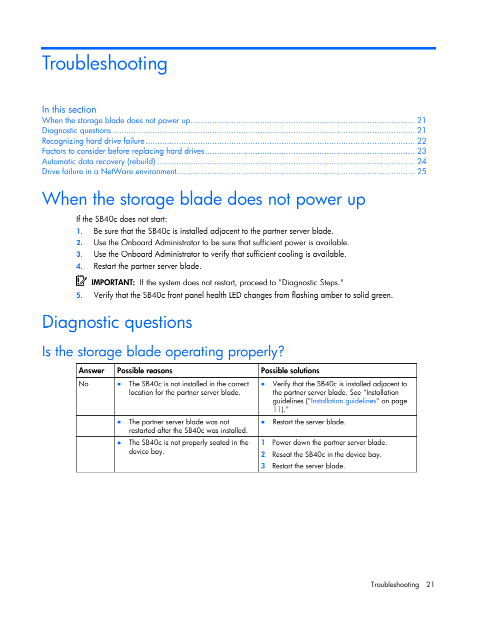Troubleshooting, When the storage blade does not power up, Diagnostic questions | Is the storage blade operating properly | HP SB40c-Storage-Blade User Manual | Page 21 / 42