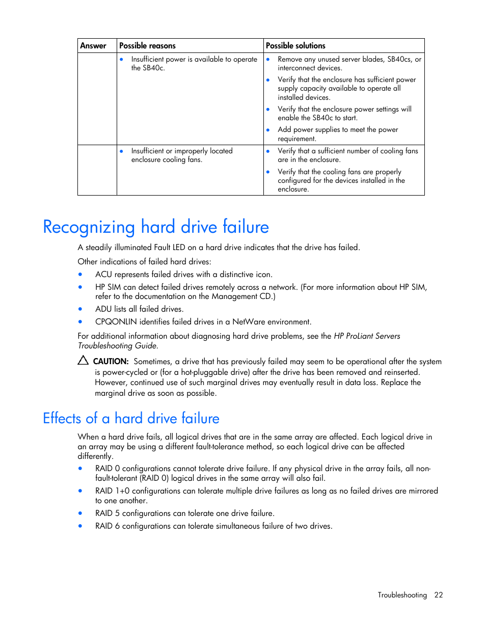 Recognizing hard drive failure, Effects of a hard drive failure | HP SB40c-Storage-Blade User Manual | Page 22 / 42