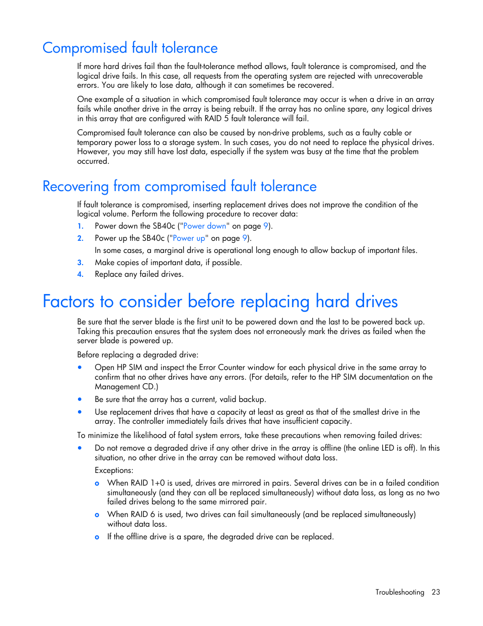 Compromised fault tolerance, Recovering from compromised fault tolerance, Factors to consider before replacing hard drives | HP SB40c-Storage-Blade User Manual | Page 23 / 42