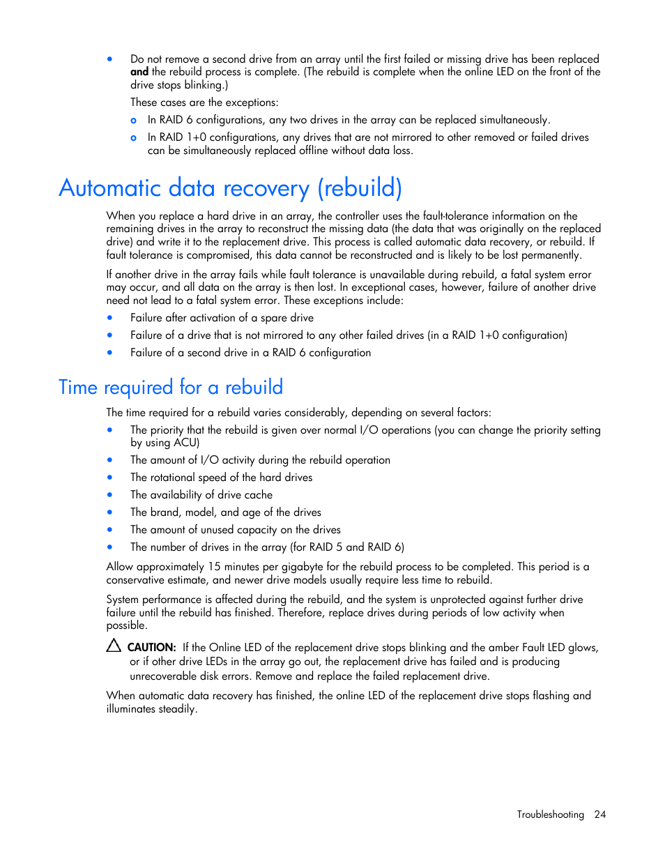 Automatic data recovery (rebuild), Time required for a rebuild | HP SB40c-Storage-Blade User Manual | Page 24 / 42