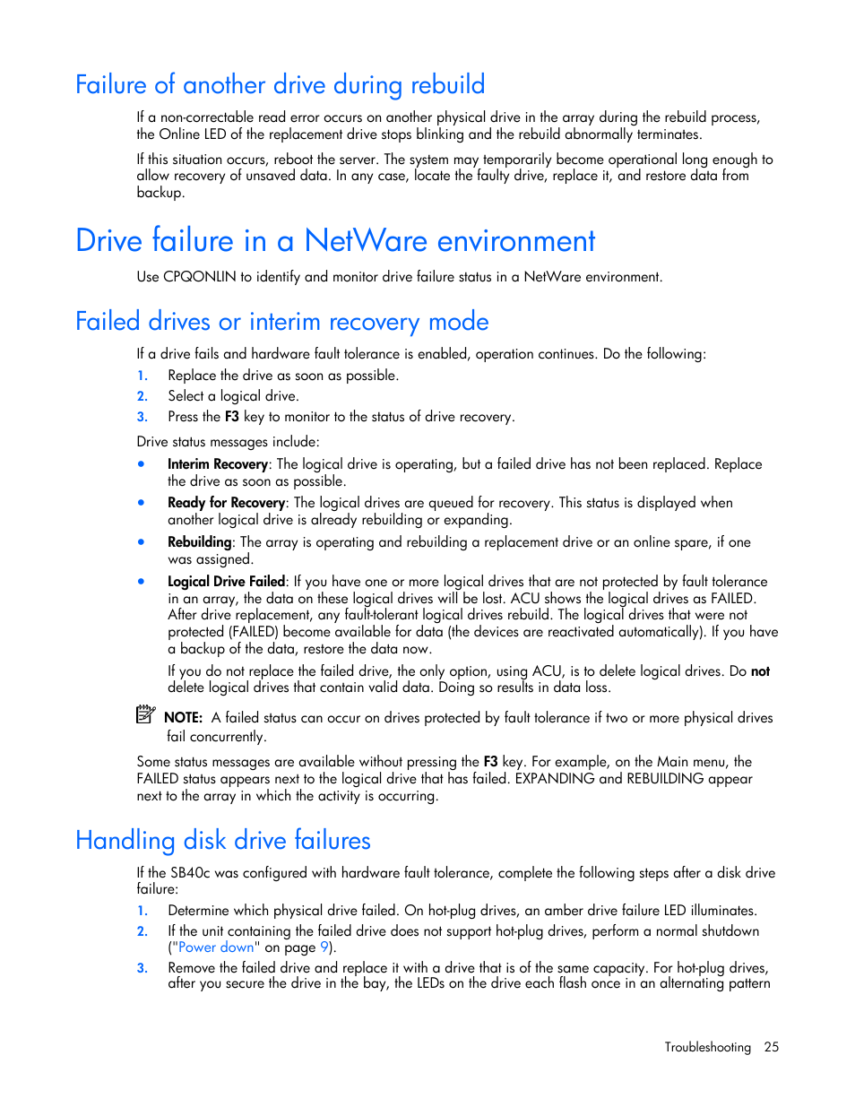 Failure of another drive during rebuild, Drive failure in a netware environment, Failed drives or interim recovery mode | Handling disk drive failures | HP SB40c-Storage-Blade User Manual | Page 25 / 42